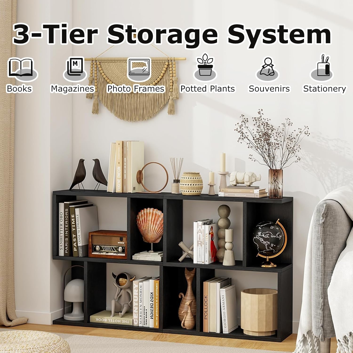 Black S-Shaped 3 Tier Bookcase Small Freestanding Display Shelf 50×18×56cm
