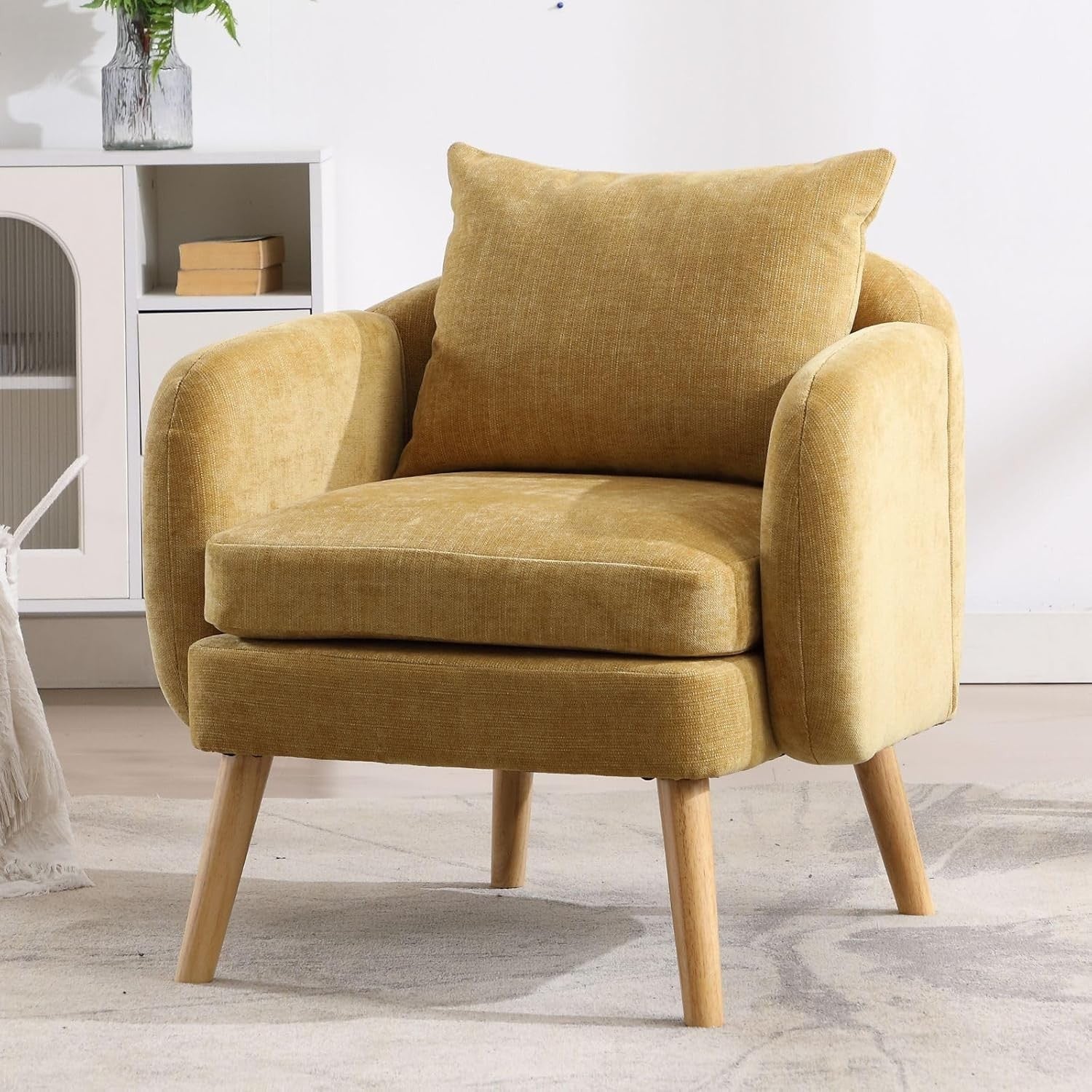 Chenille Tub Chair Yellow Lounge Armchair Wood Legs