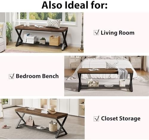 Rustic Brown Industrial Entryway Storage Bench Metal Frame Shoe Rack Seat
