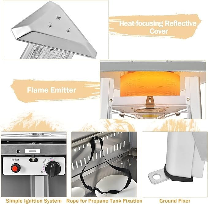 Outdoor Pyramid Patio Heater Gas Flame 42000BTU Adjustable Heat & Wheels