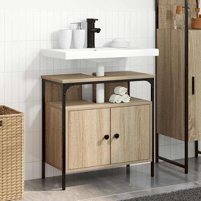 Beige Bathroom Sink Cabinet 60cm Vanity Unit Storage Cupboard with Metal Legs