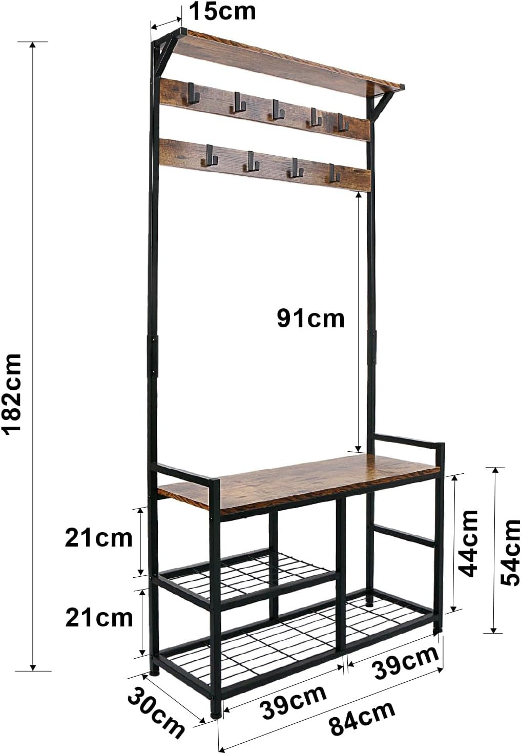 Rustic Brown Industrial Coat Rack with Shoe Bench | 9 Hooks Hall Tree Stand