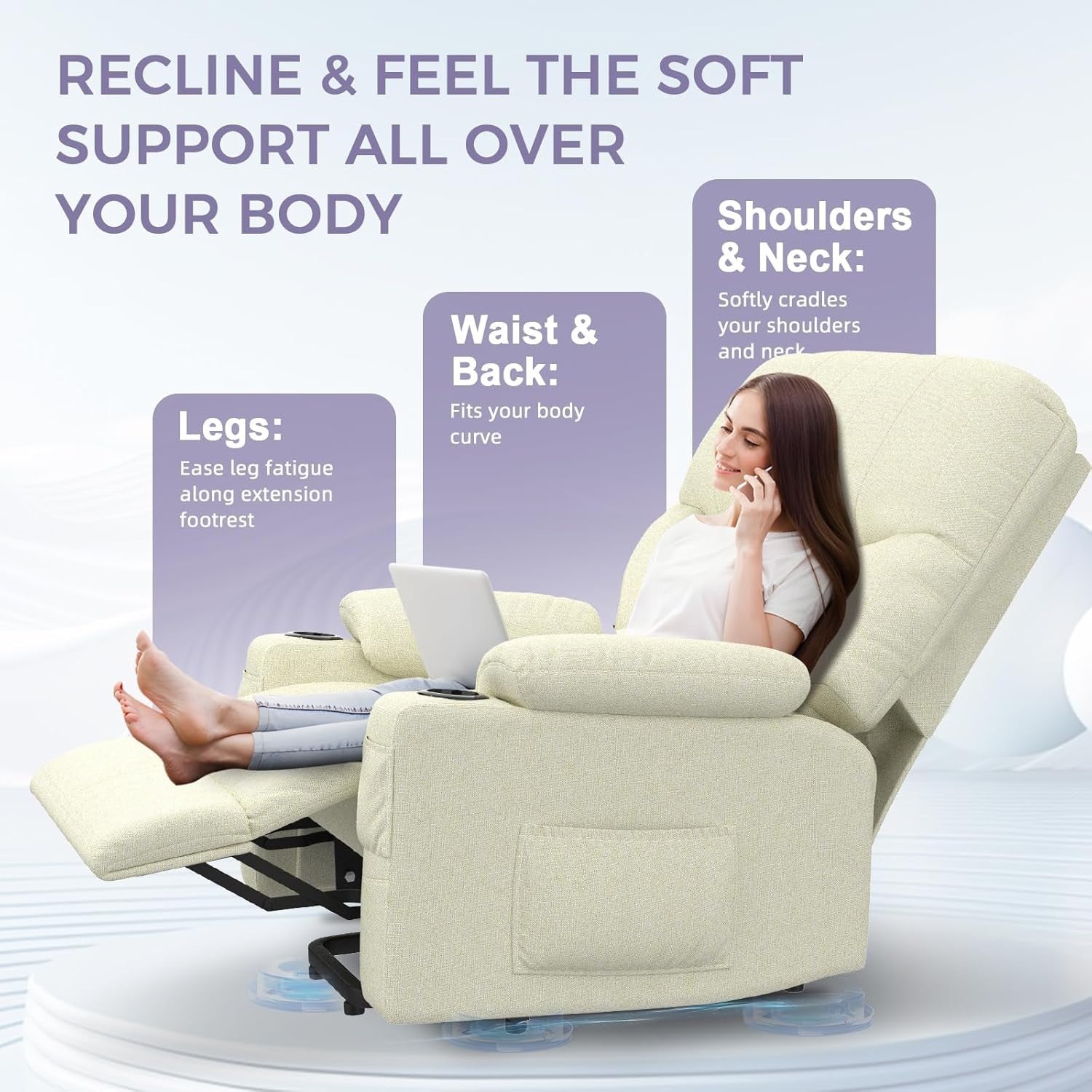 Electric Lift Recliner Chair Oversized Massage Heat USB Type-C Cream Armchair