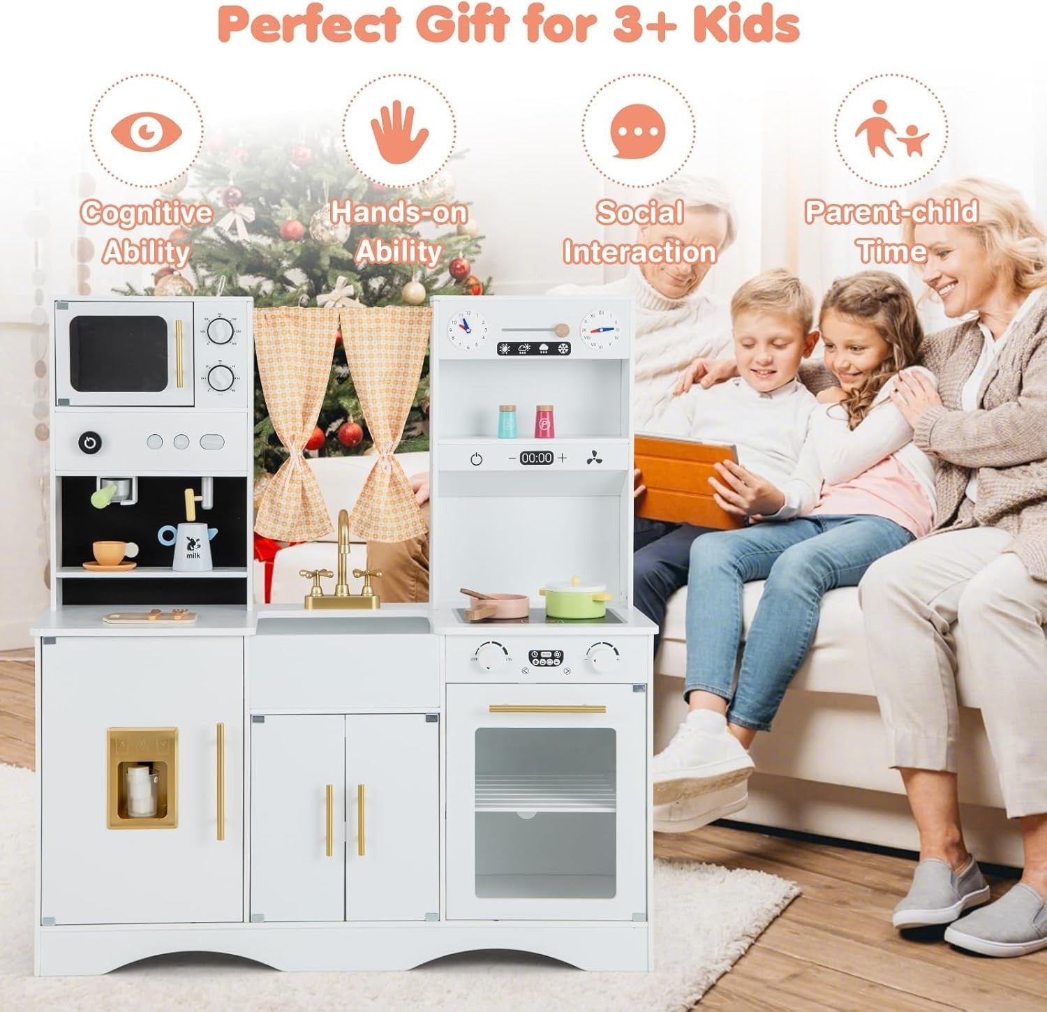 Kids Wooden Play Kitchen White w/ Ice Maker Microwave Accessories