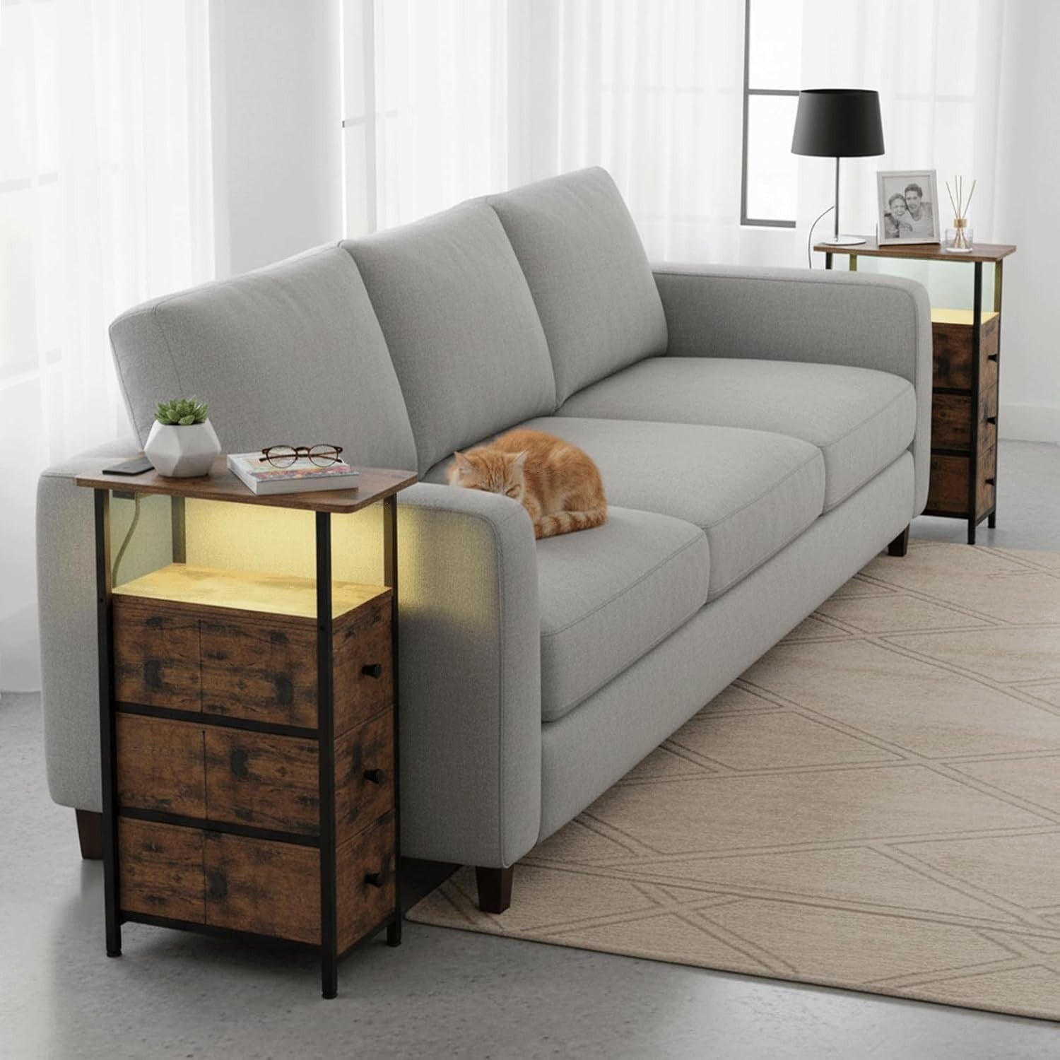 Slim LED Bedside Tables Set of 2 with USB Charging, 3 Drawers & Open Shelf