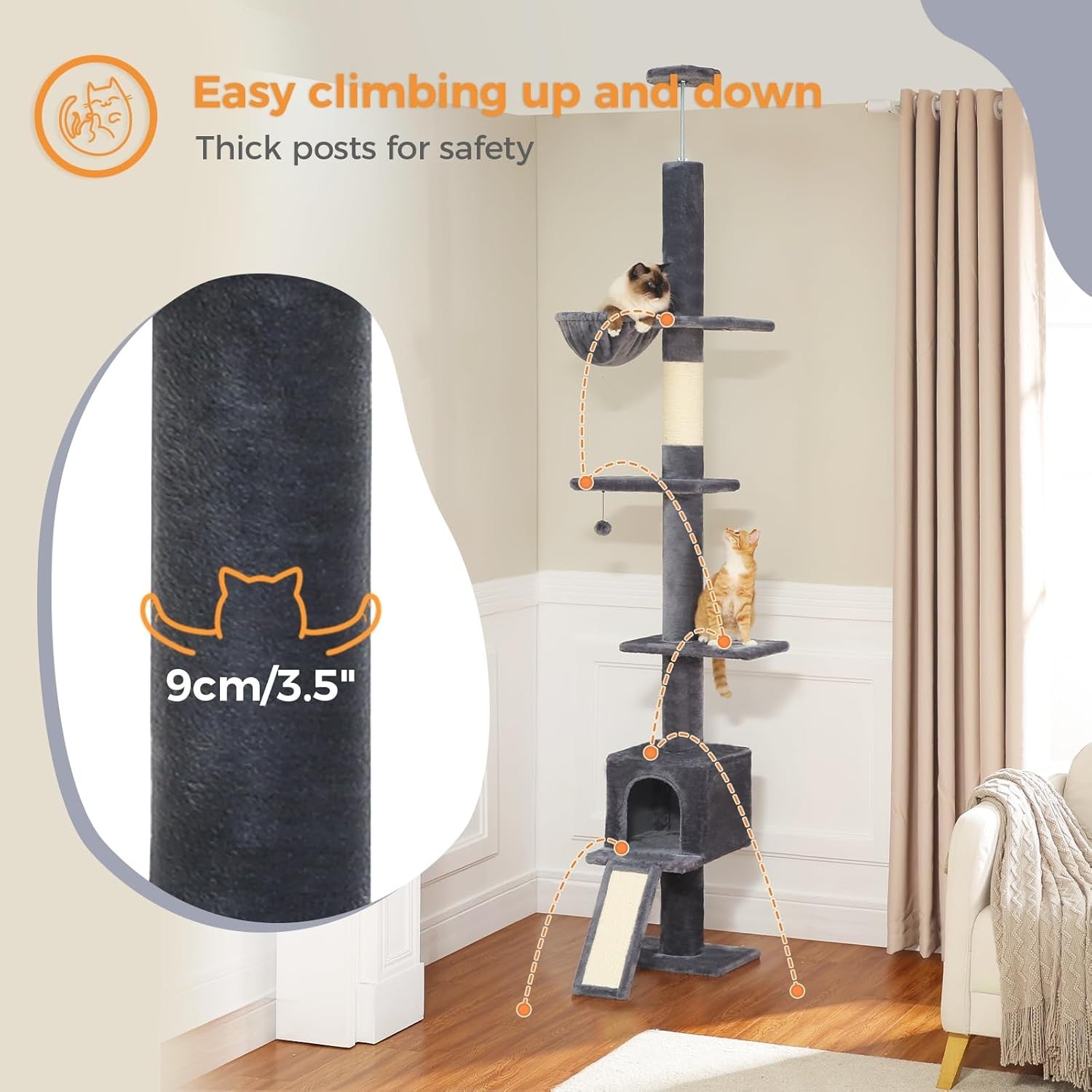 Floor to Ceiling Cat Tree Adjustable 216–273cm Tower Condo Hammock