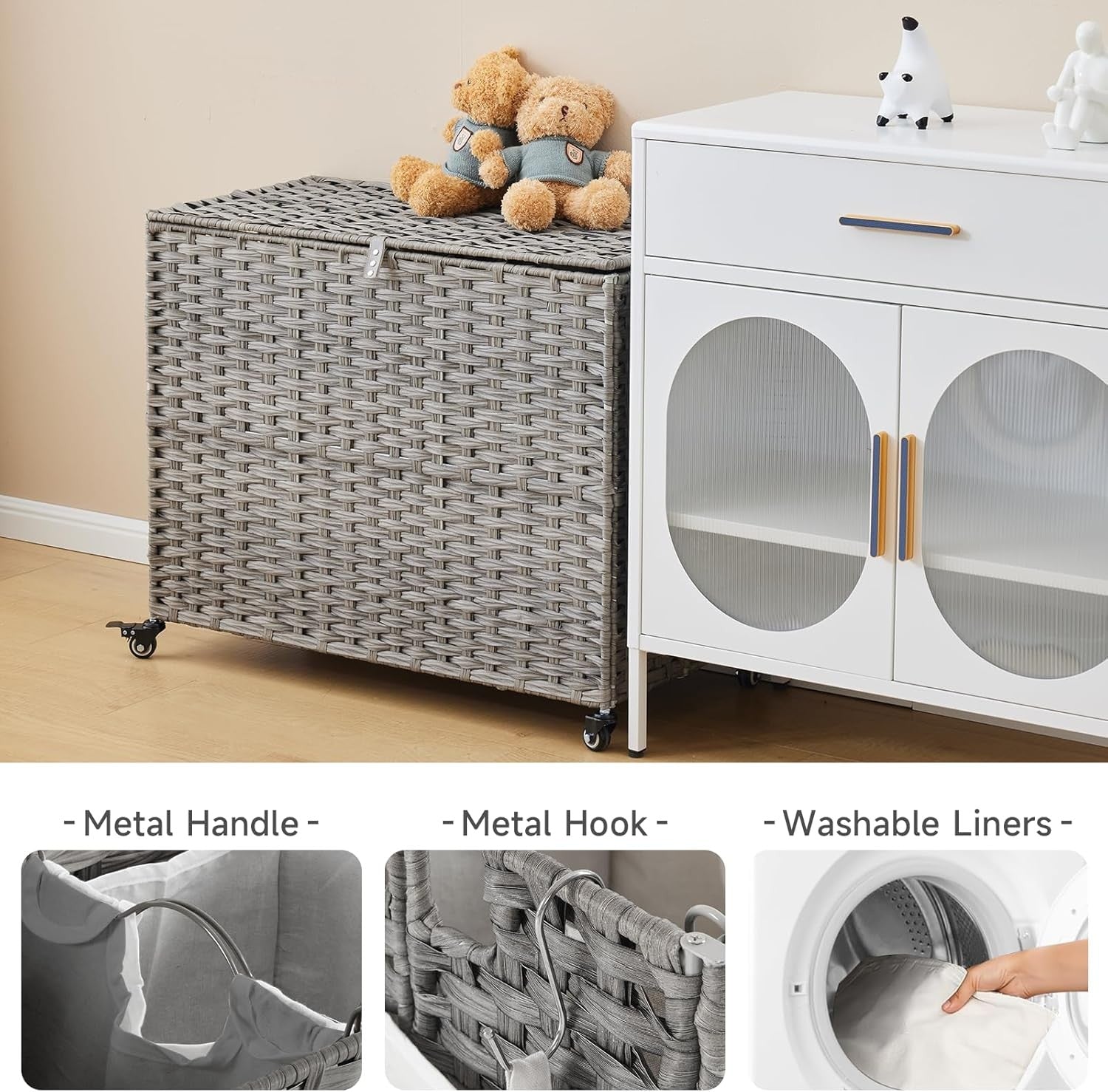 200L Rolling Wicker Laundry Hamper with Lid | 3 Removable Bags & Side Pocket | L