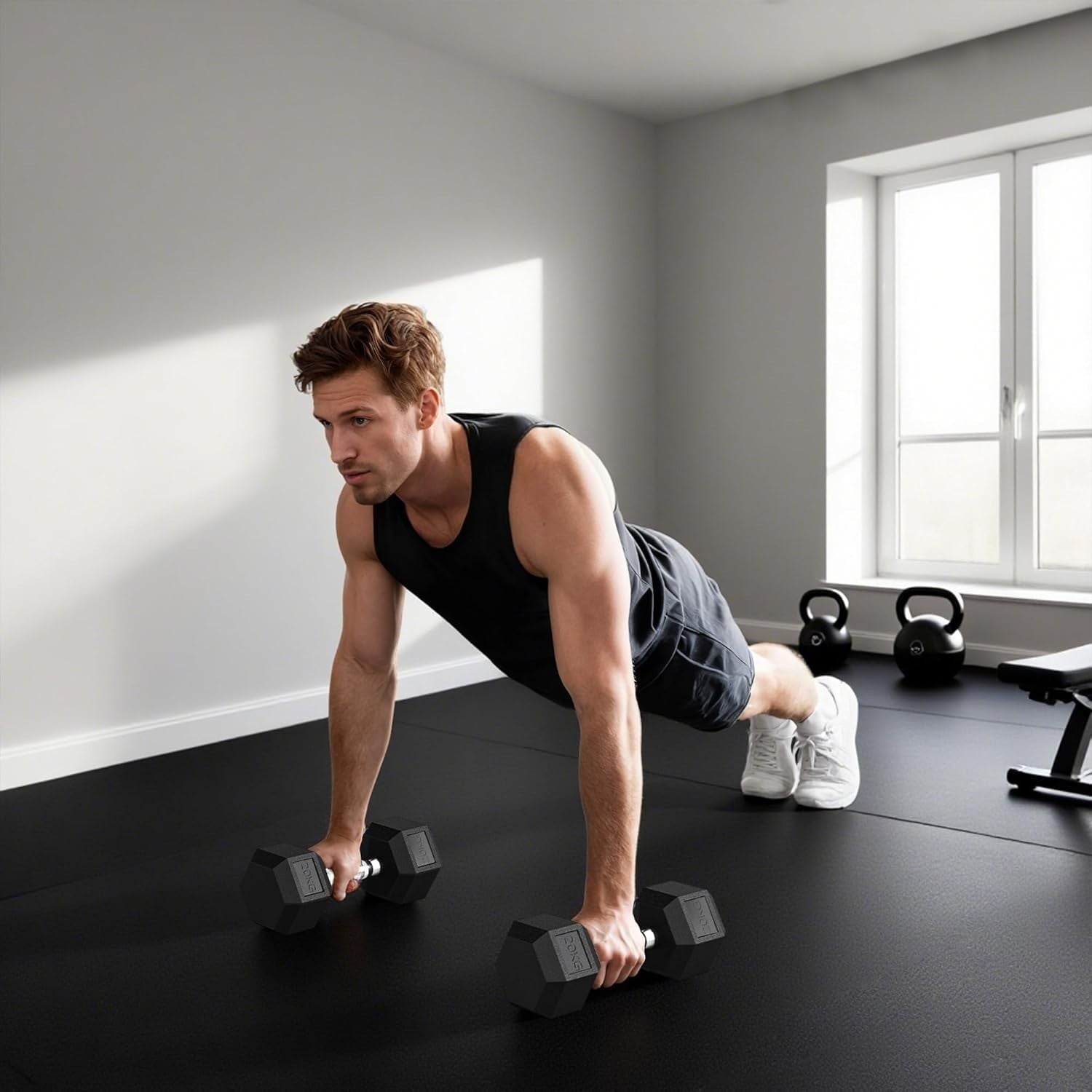 20kg Rubber Hex Dumbbell Single Anti Roll Steel Core Home Training