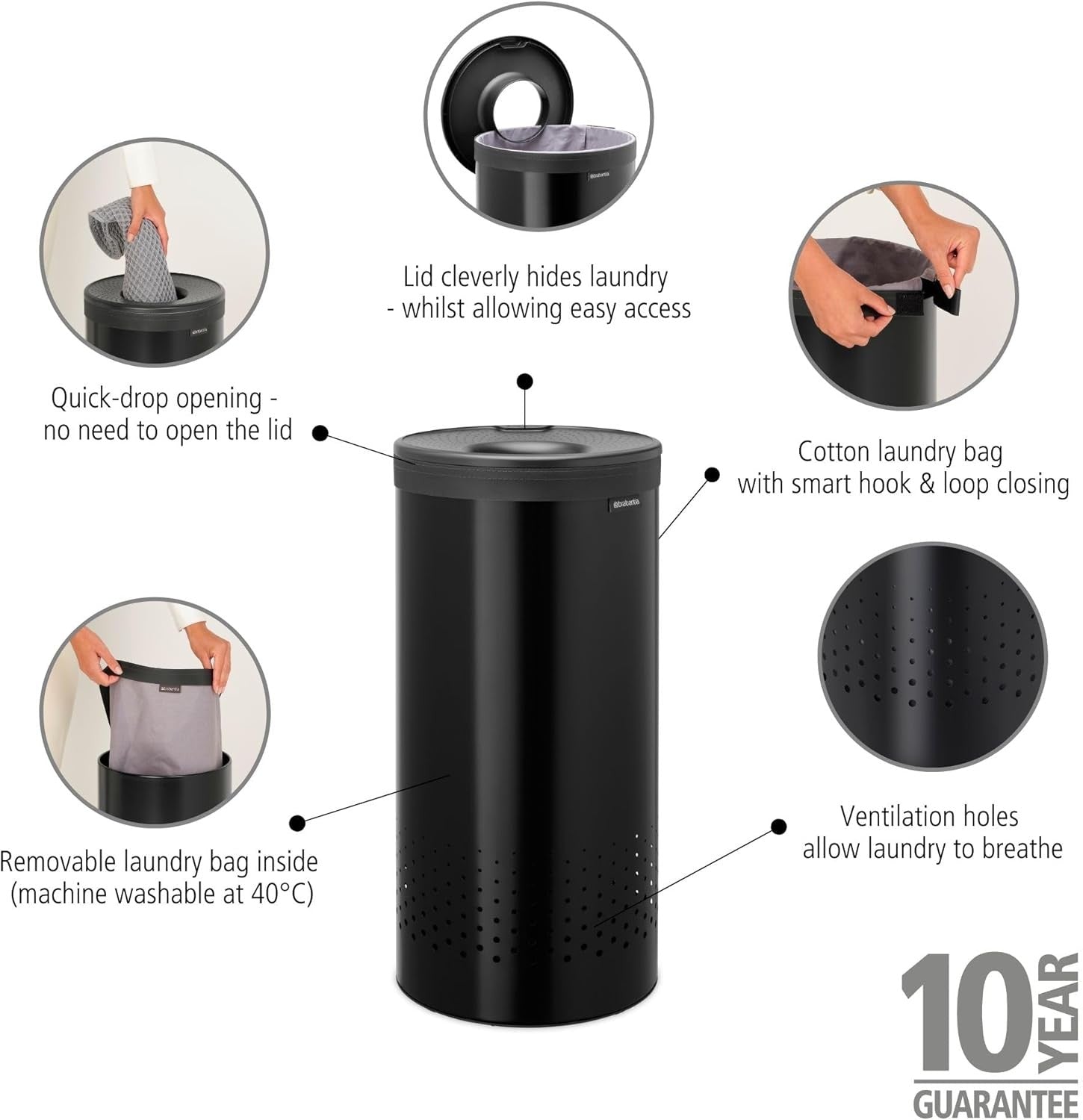 Matte Black 35L Laundry Bin with Lid | Quick-Drop Opening & Removable Cotton Bag