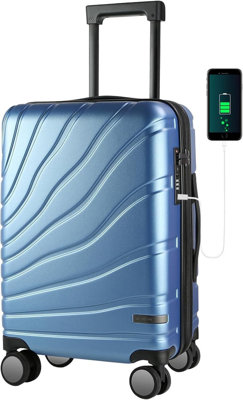 Light Blue 20 Inch Cabin Suitcase PC Hard Shell Expandable Spinner TSA