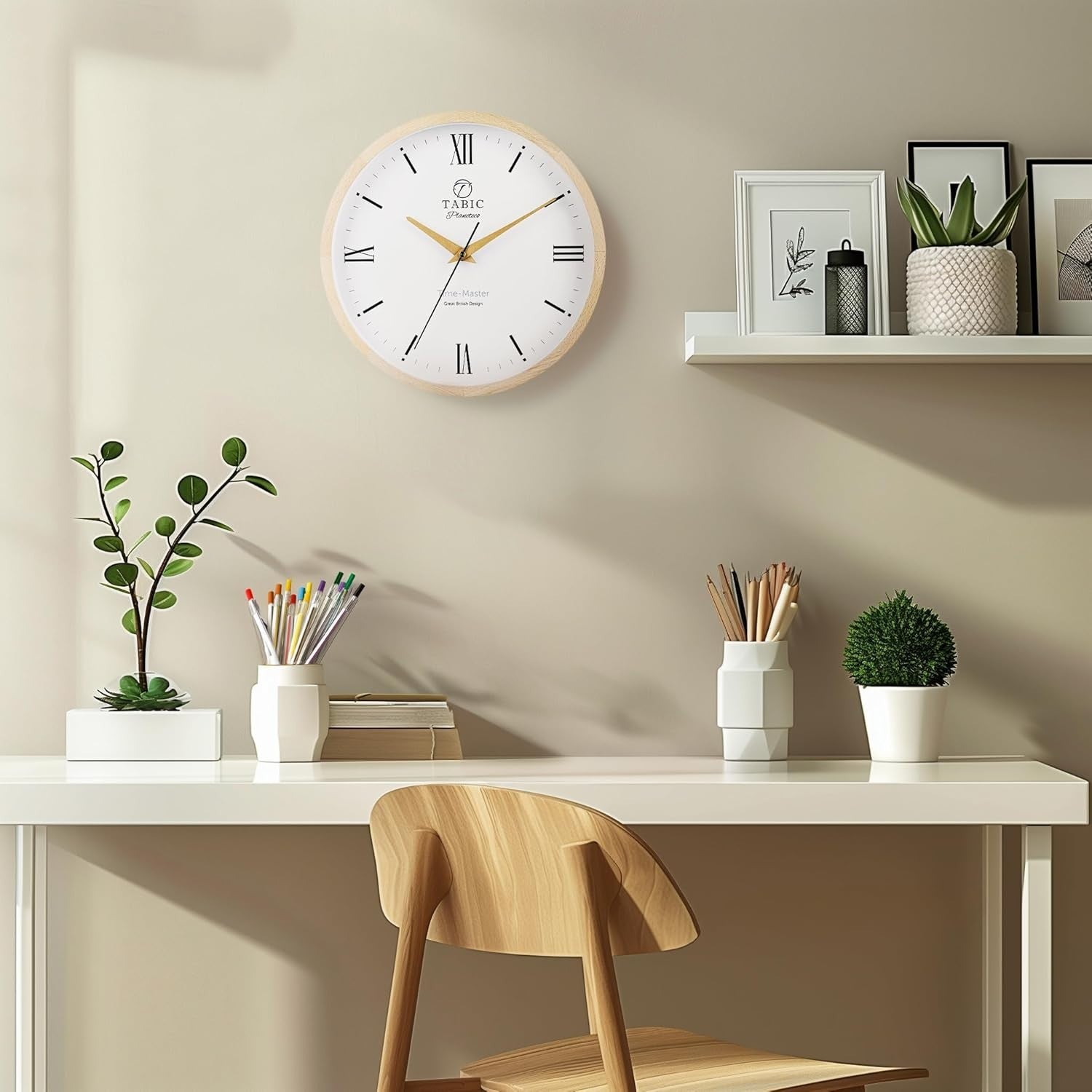 Silent Wall Clock Roman Numerals Natural Wood Glass Face Large 30cm Decor