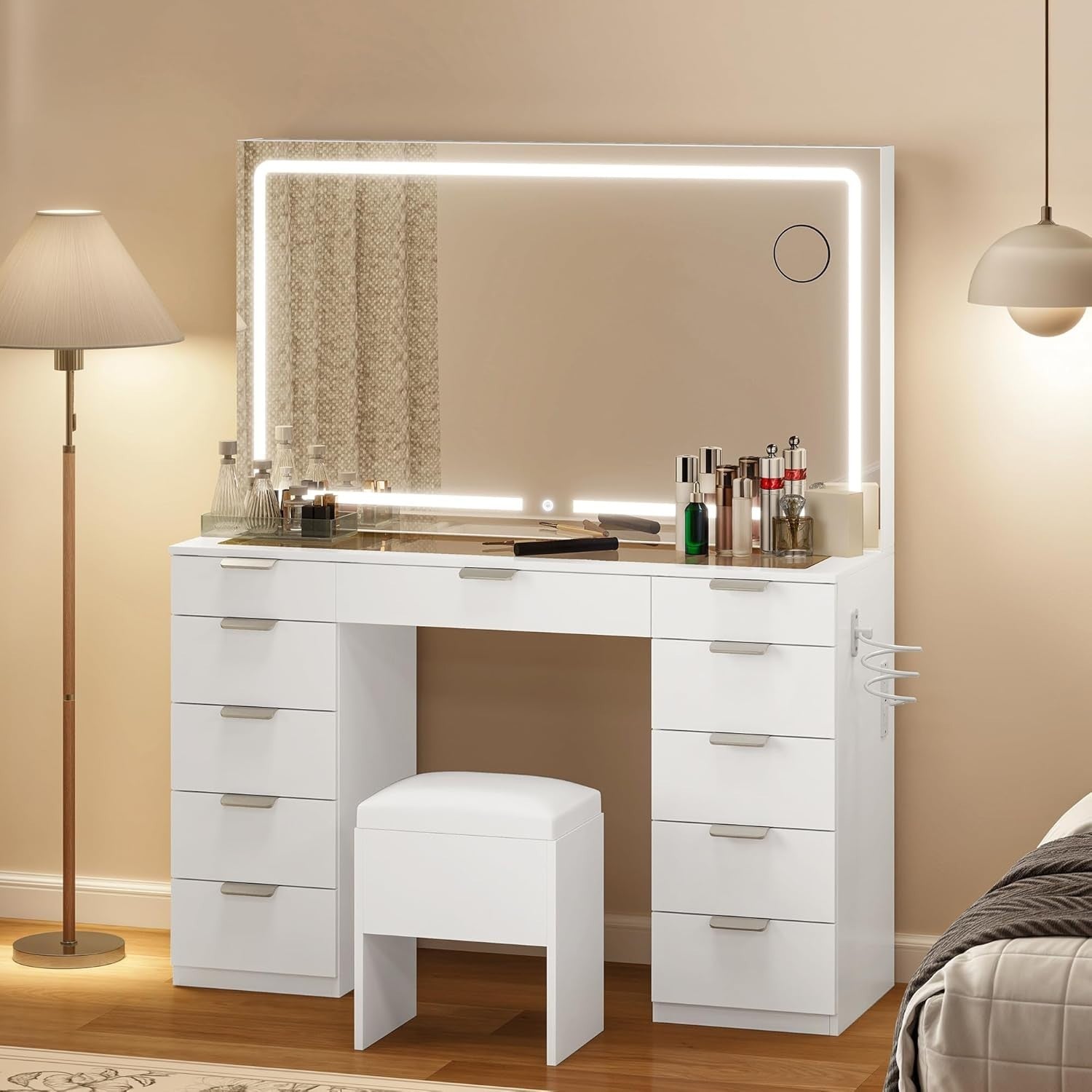 Makeup Vanity Table Glass Top 11-Drawer LED Mirror USB Charging Station White