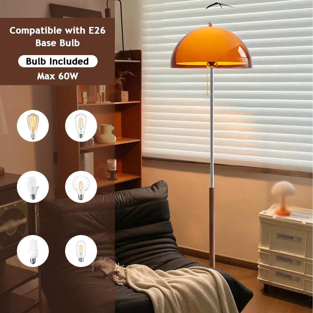 Wabi Sabi Wood Floor Lamp Orange Acrylic Shade 60in Dimmable Standing Light