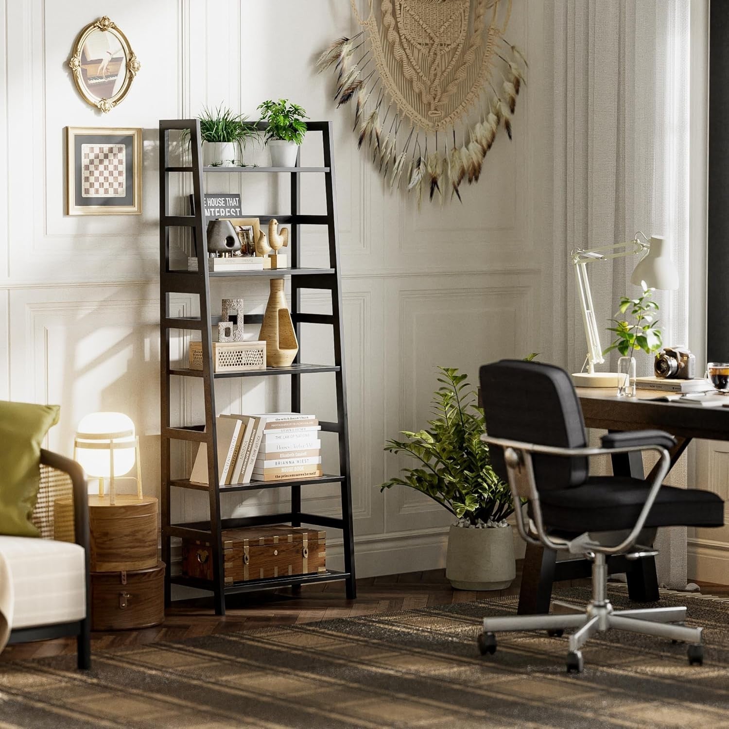 Black 5-Tier Bamboo Ladder Bookcase, Heavy Duty Tall Display Storage Shelf