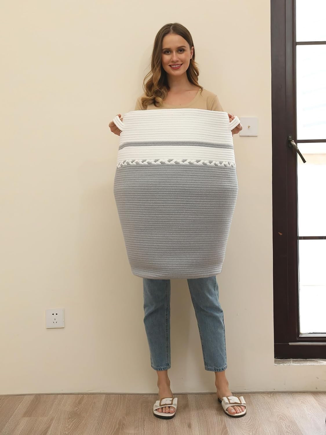 XL 26" White Grey Cotton Rope Laundry Basket with Lid Large Woven Storage Bin