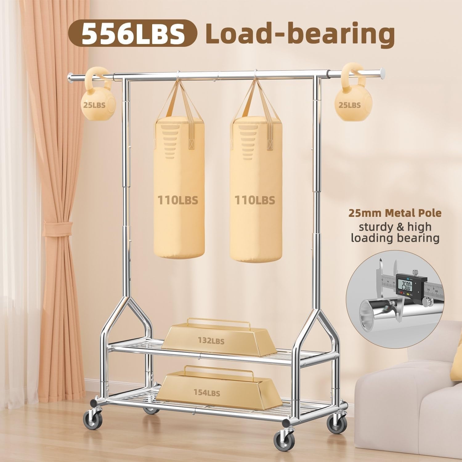 Silver Heavy Duty 252KG Clothes Rail With Shelves & Wheels