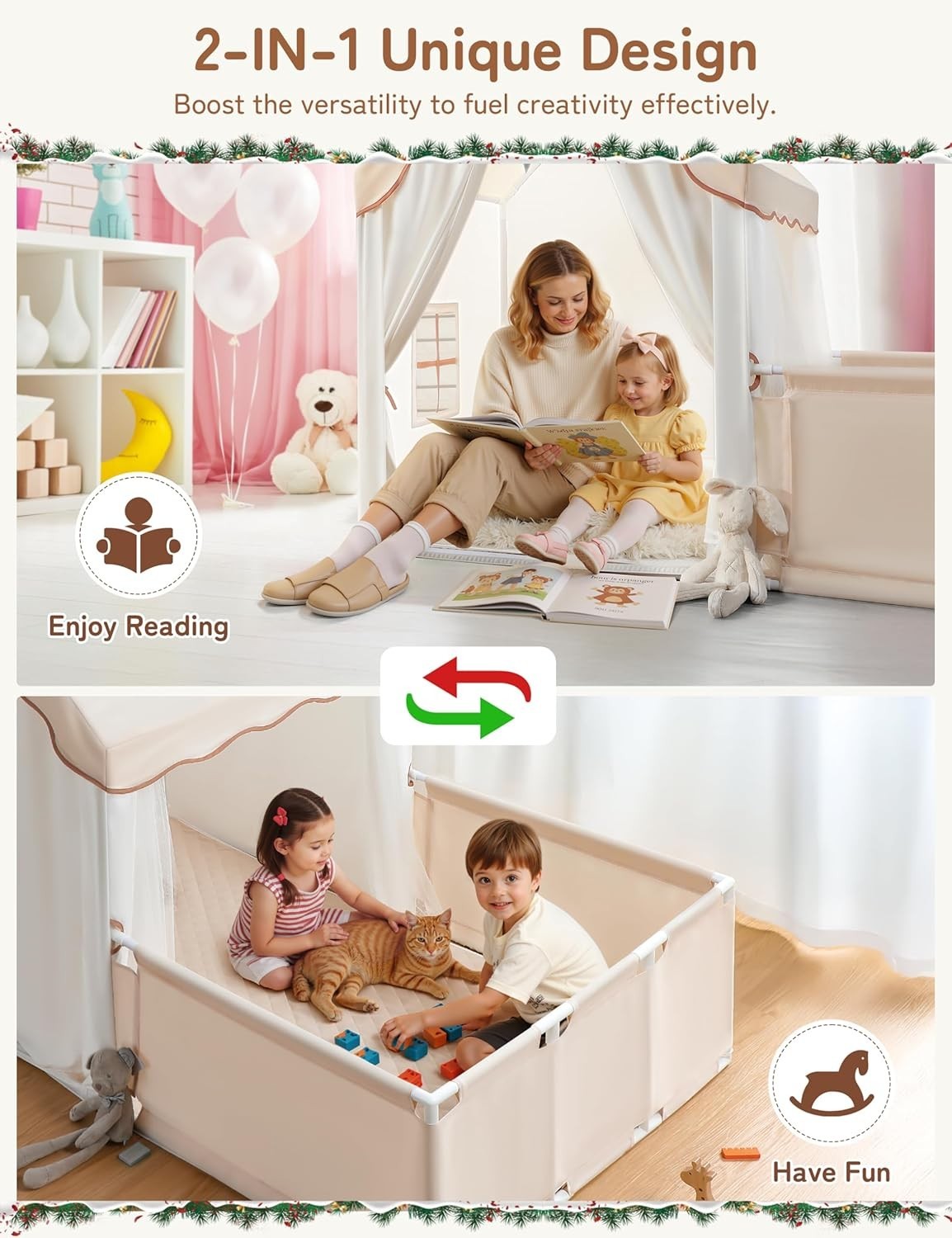 2 in 1 Kids Play Tent with Fence Large Indoor Playhouse Lights Mat