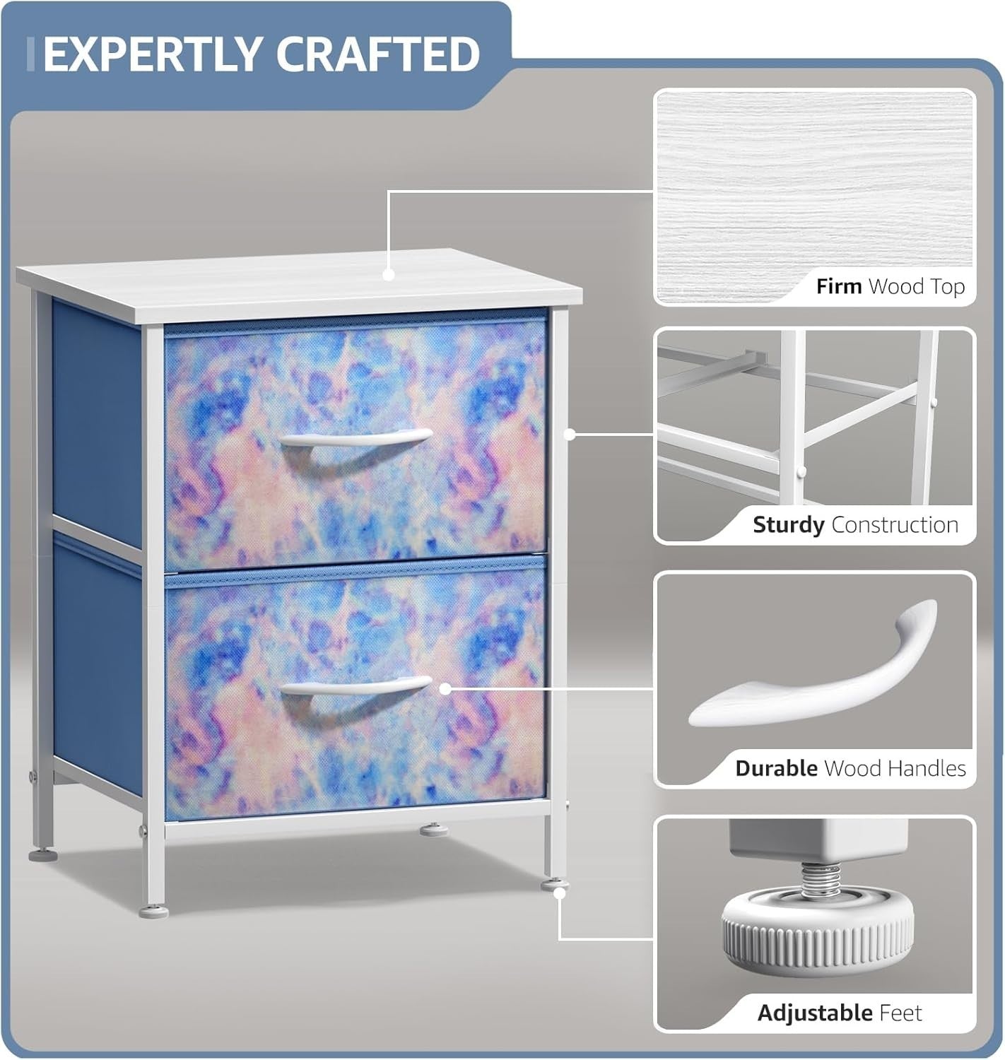 2x Kids 2-Drawer Nightstand Fabric Storage Chest Bedside Table Blue Tie-Dye