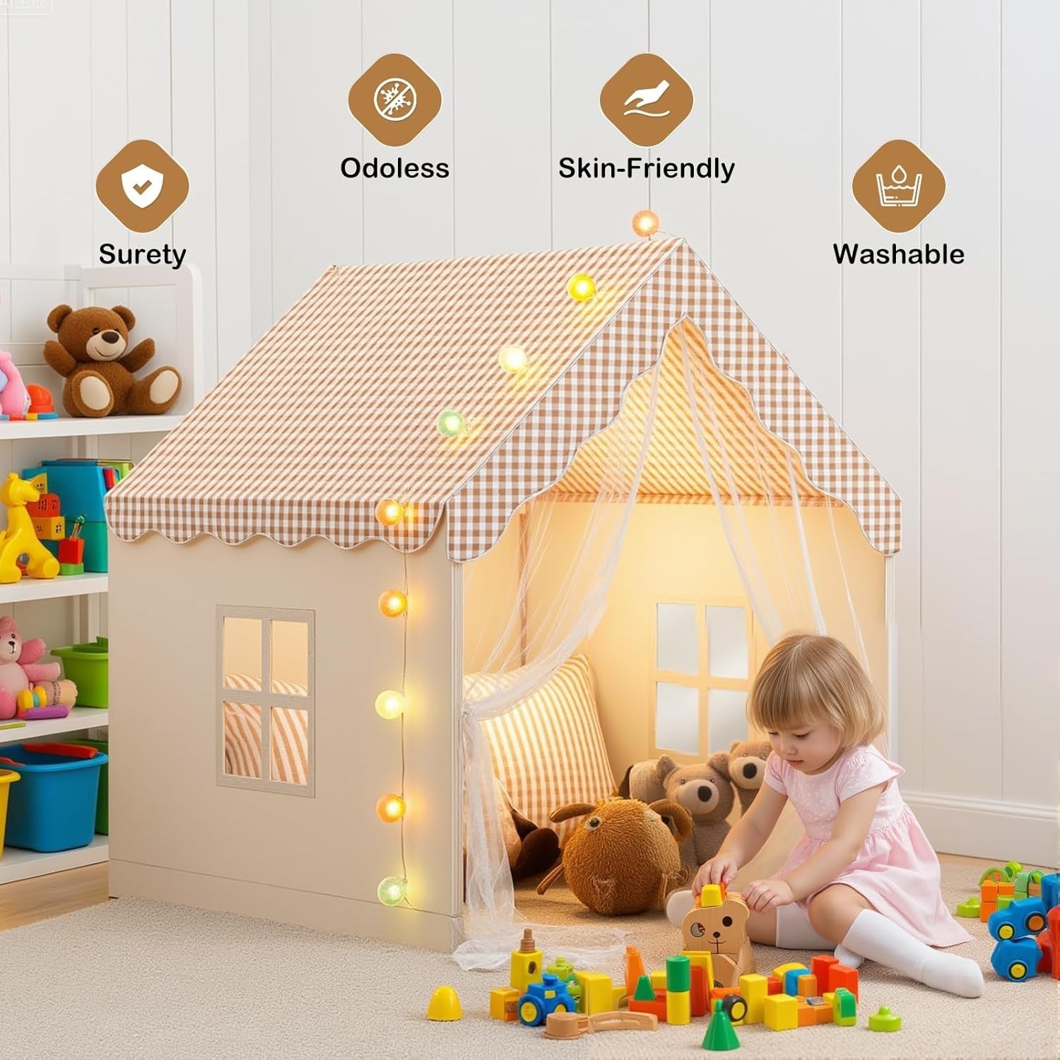 Neutral Kids Play Tent w Lights Foldable Indoor Outdoor Playhouse