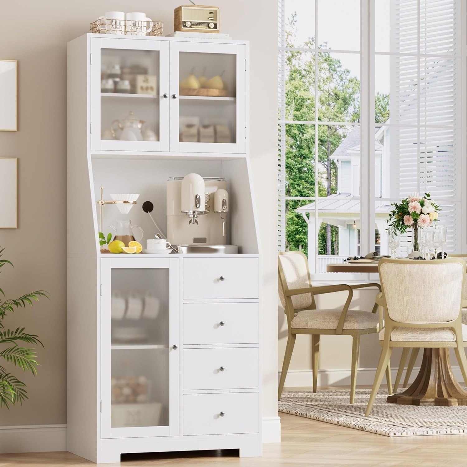Tall Kitchen Cupboard White 3-Door 4-Drawer Storage Cabinet Modern