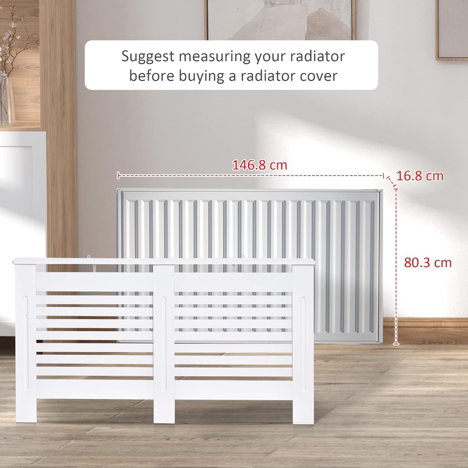 White Radiator Cover Modern MDF Cabinet Horizontal Slats 152x19x81cm