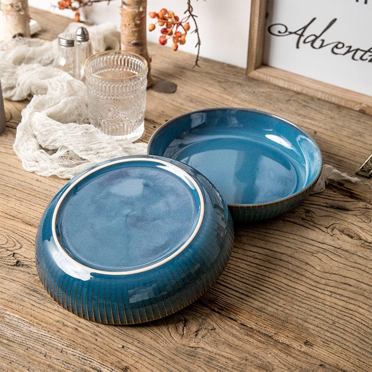 4pc Large Pasta Bowls 21cm Deep Porcelain Serving Bowls Blue Set