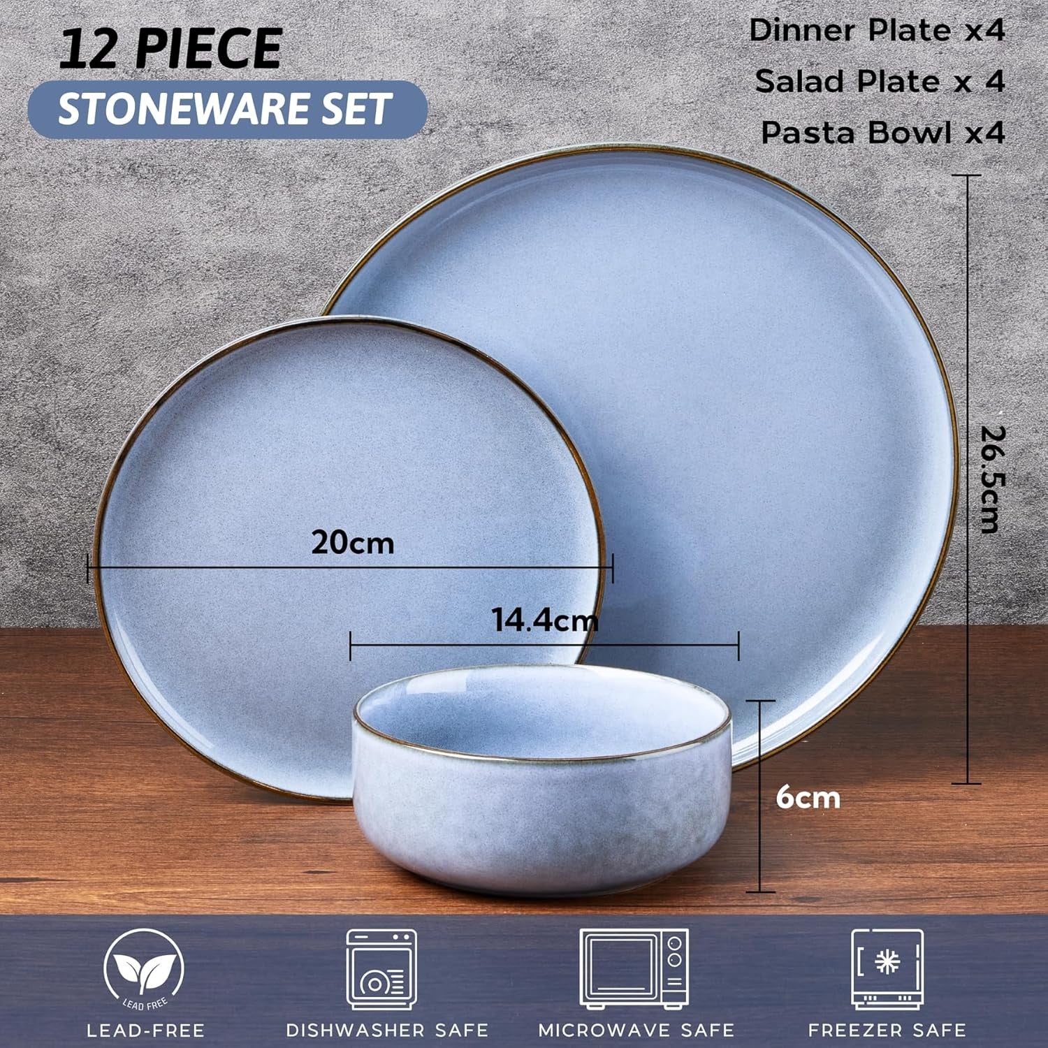 12pc Stoneware Dinner Set for 4 Blue Plates Bowls Microwave Safe