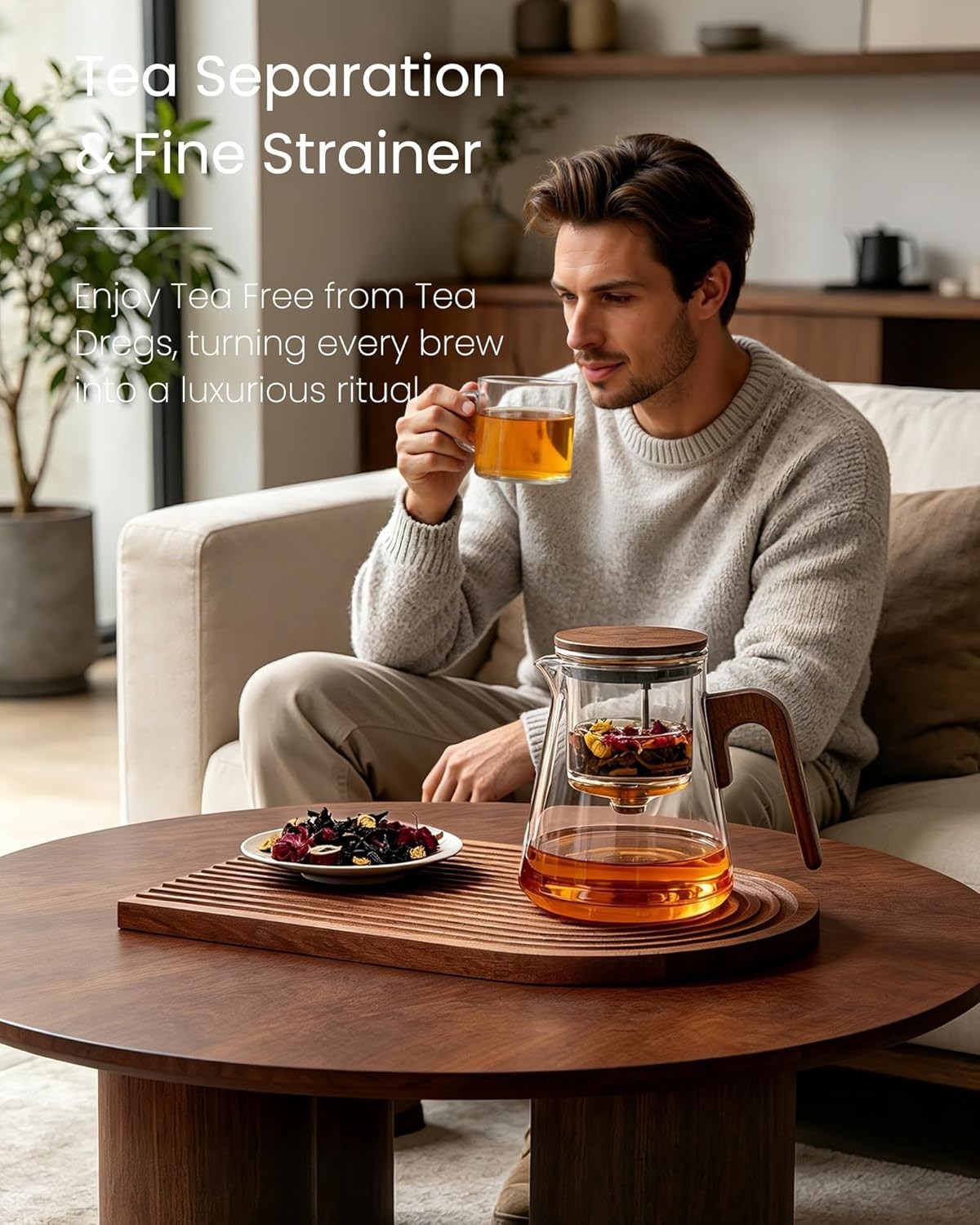 Magnetic Glass Teapot 800ml Tea Pot w Infuser Walnut Handle Lid