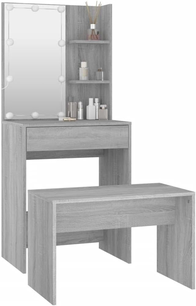 Modern Dressing Table Set with LED Lights Mirror Stool Makeup Vanity Desk Storag