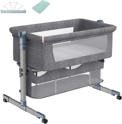 3in1 Baby Bedside Crib Foldable Travel Bassinet with Mattress & Storage Grey