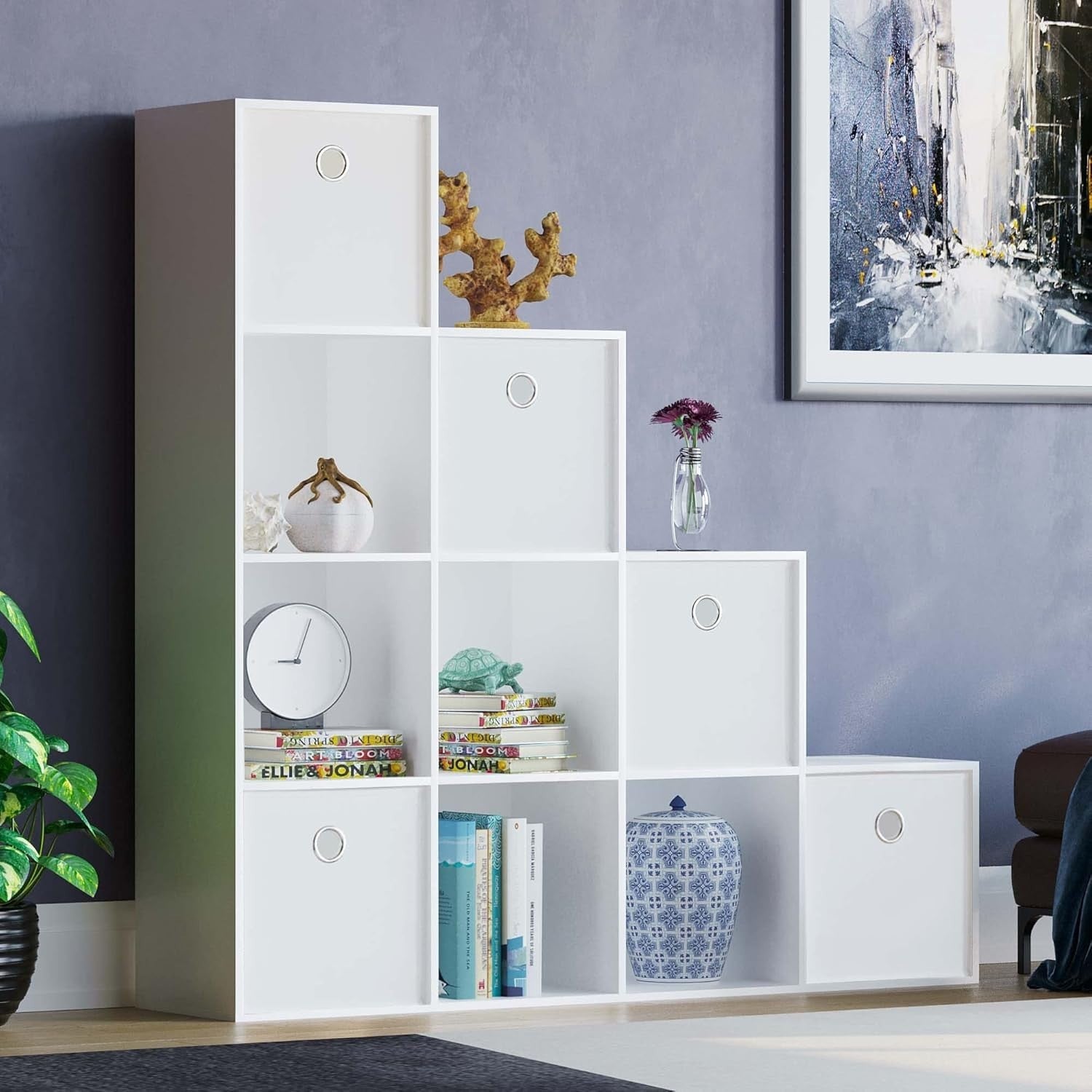 White 10 Cube Staircase Bookcase Storage Unit with 5 White Baskets – Modern