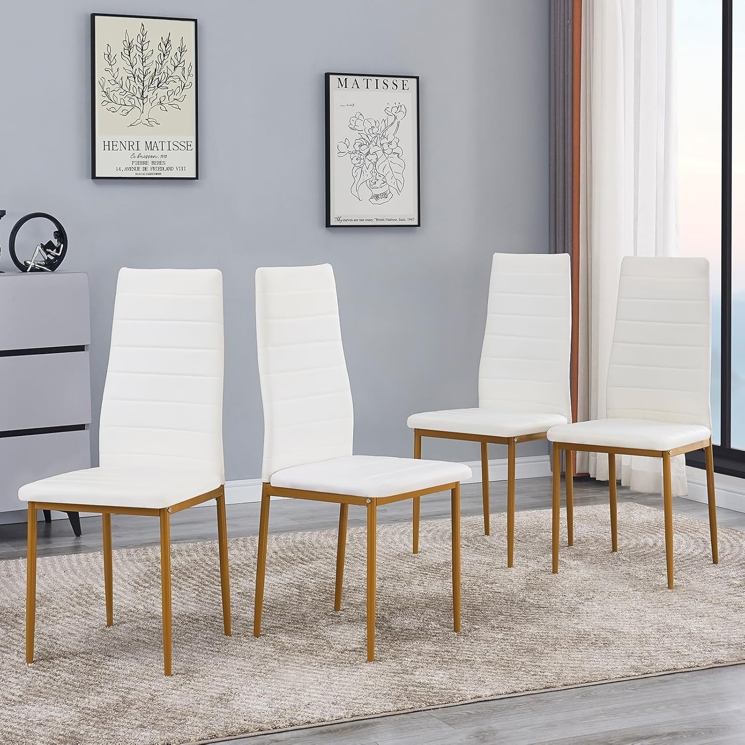 Modern Round Glass Dining Table Set with 4 Chairs | Gold Legs | Space Saving