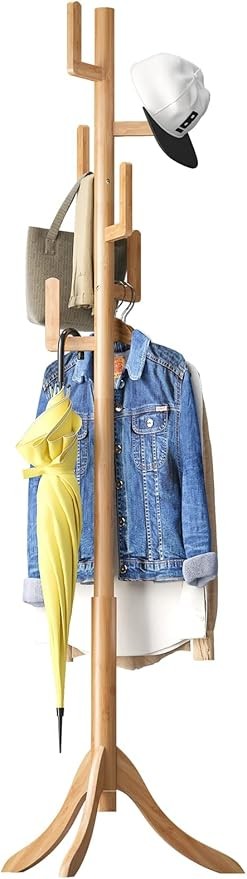Natural Bamboo Coat Rack Freestanding 6 Hooks | Adjustable Wooden Hall Tree Stan