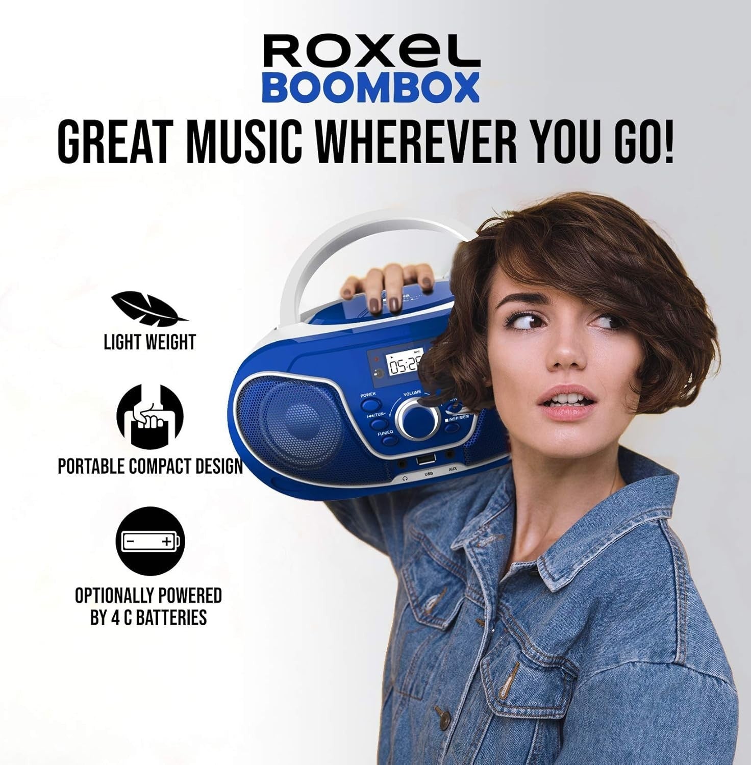 Blue Portable Boombox CD Player Bluetooth FM Radio USB AUX Remote