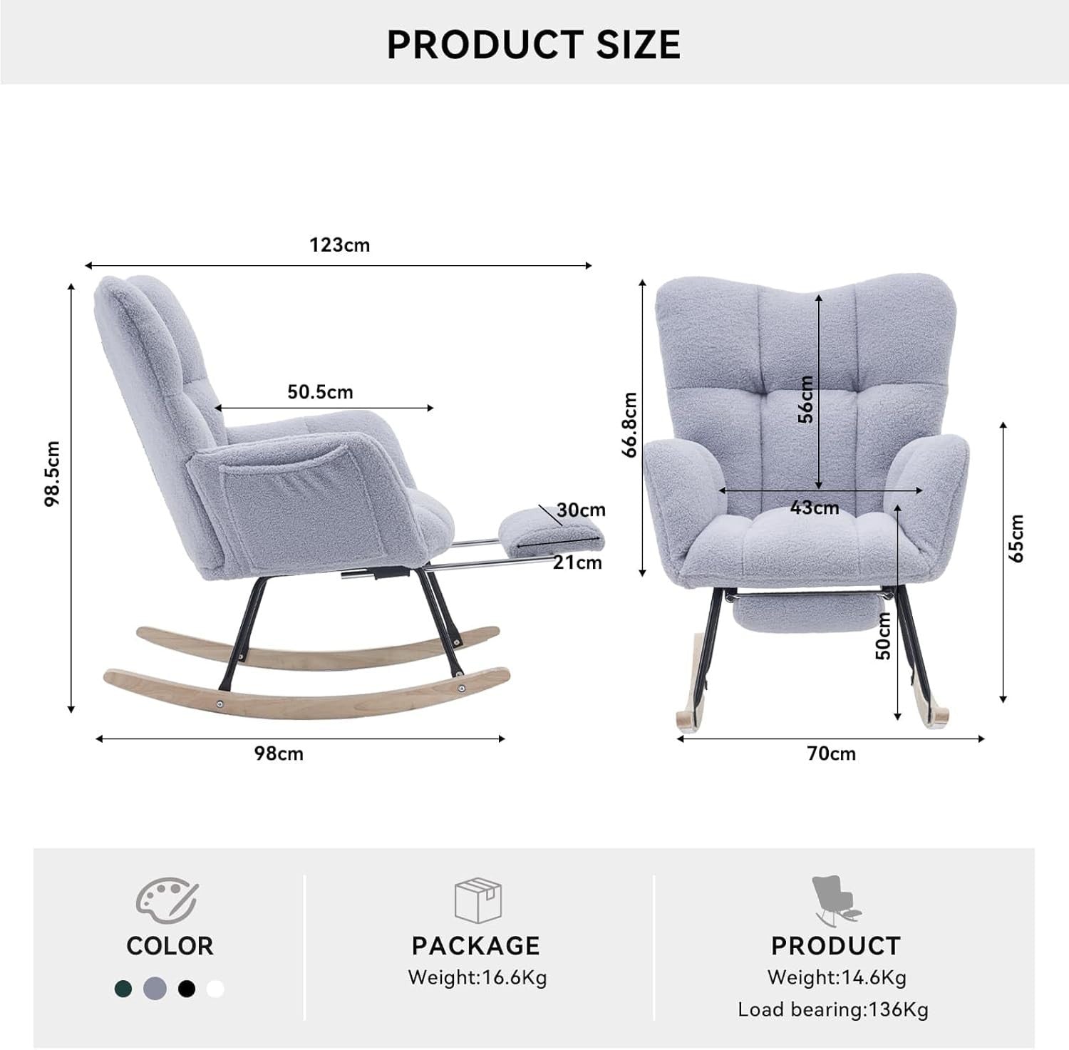 Ergonomic Nursing Rocking Chair with Footstool, Soft Teddy Fabric, Gray