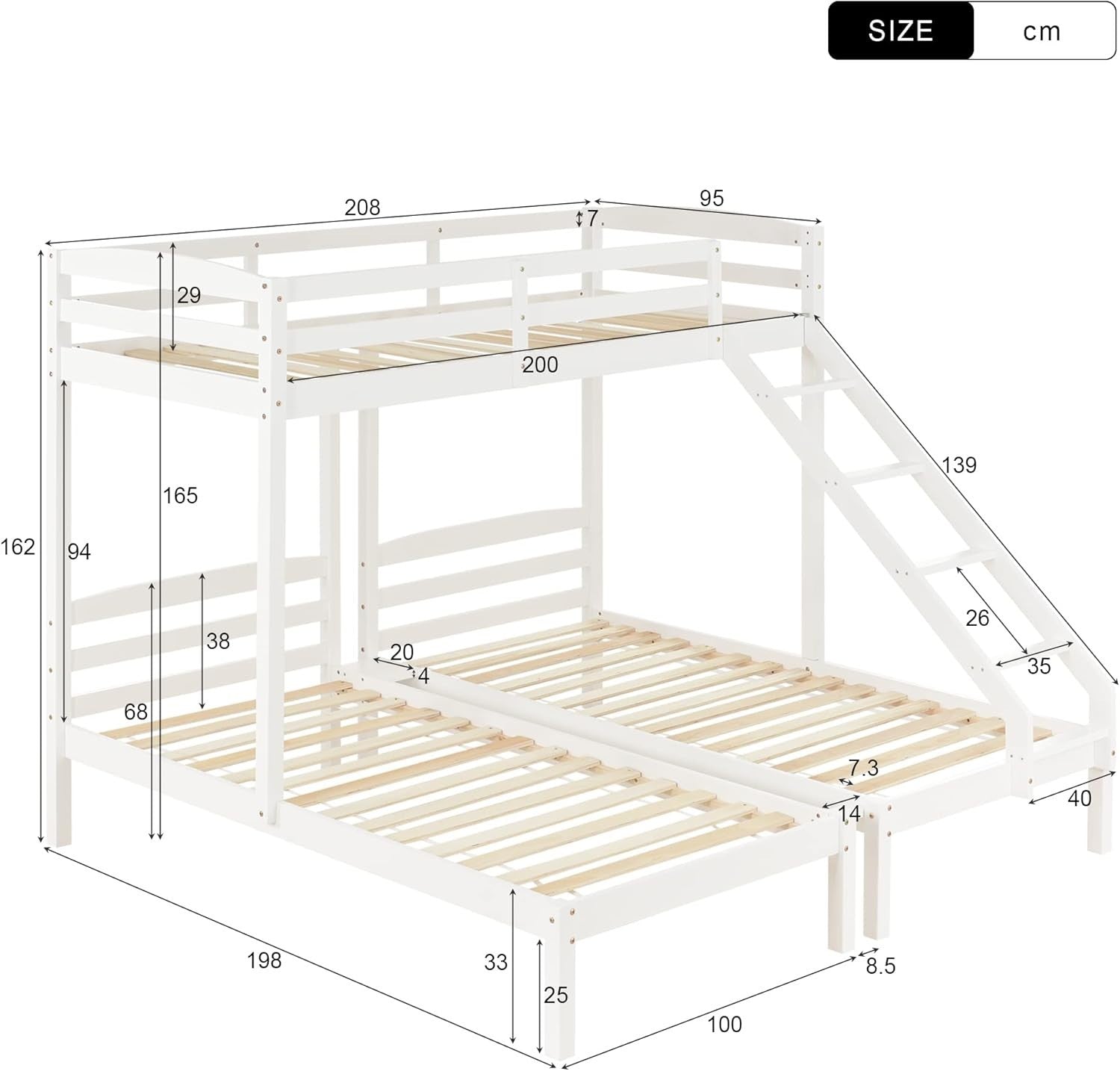 Triple Bunk Bed Wooden 3FT White Frame, Kids Safe Ladder, Sleeps 3