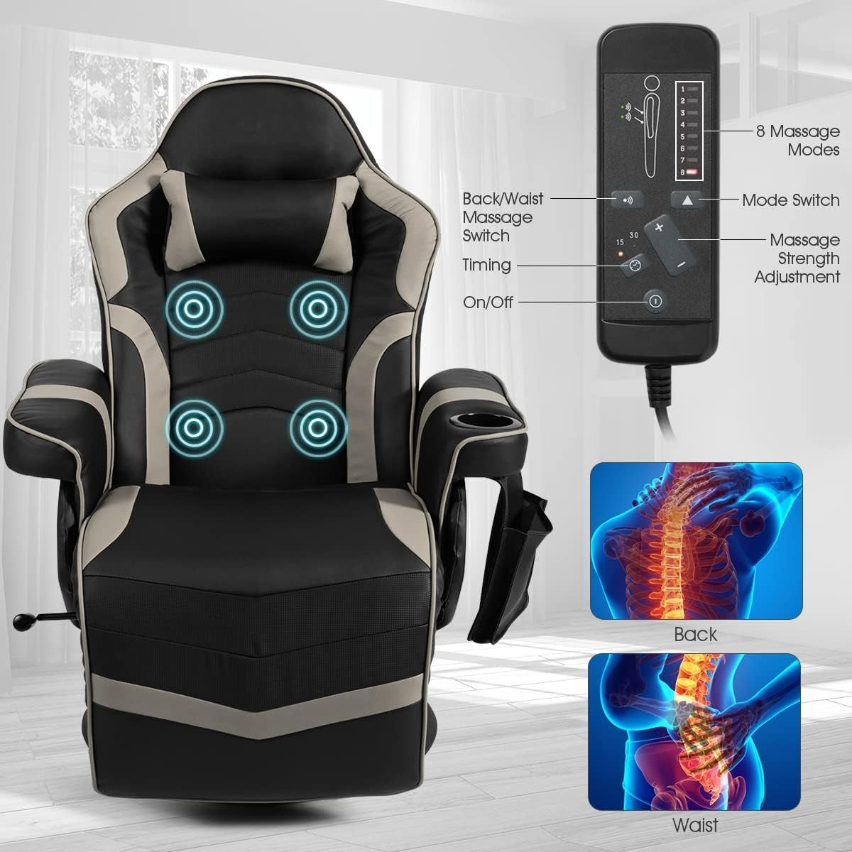Massage Gaming Chair Recliner Footrest Cup Holder PU Leather