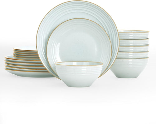 18pc Stoneware Dinner Set Light Blue Gold Rim Plates Bowls Dishwasher Safe