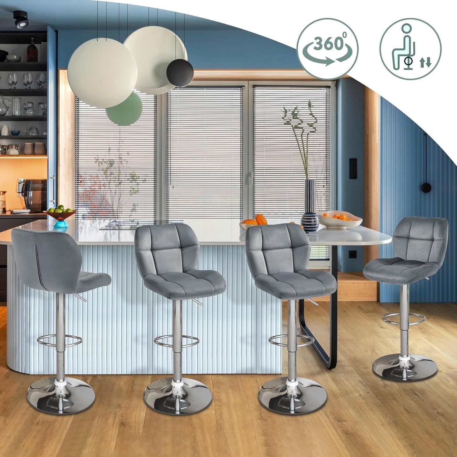 Adjustable Velvet Bar Stools Set of 4 Dark Grey Swivel Counter Chairs