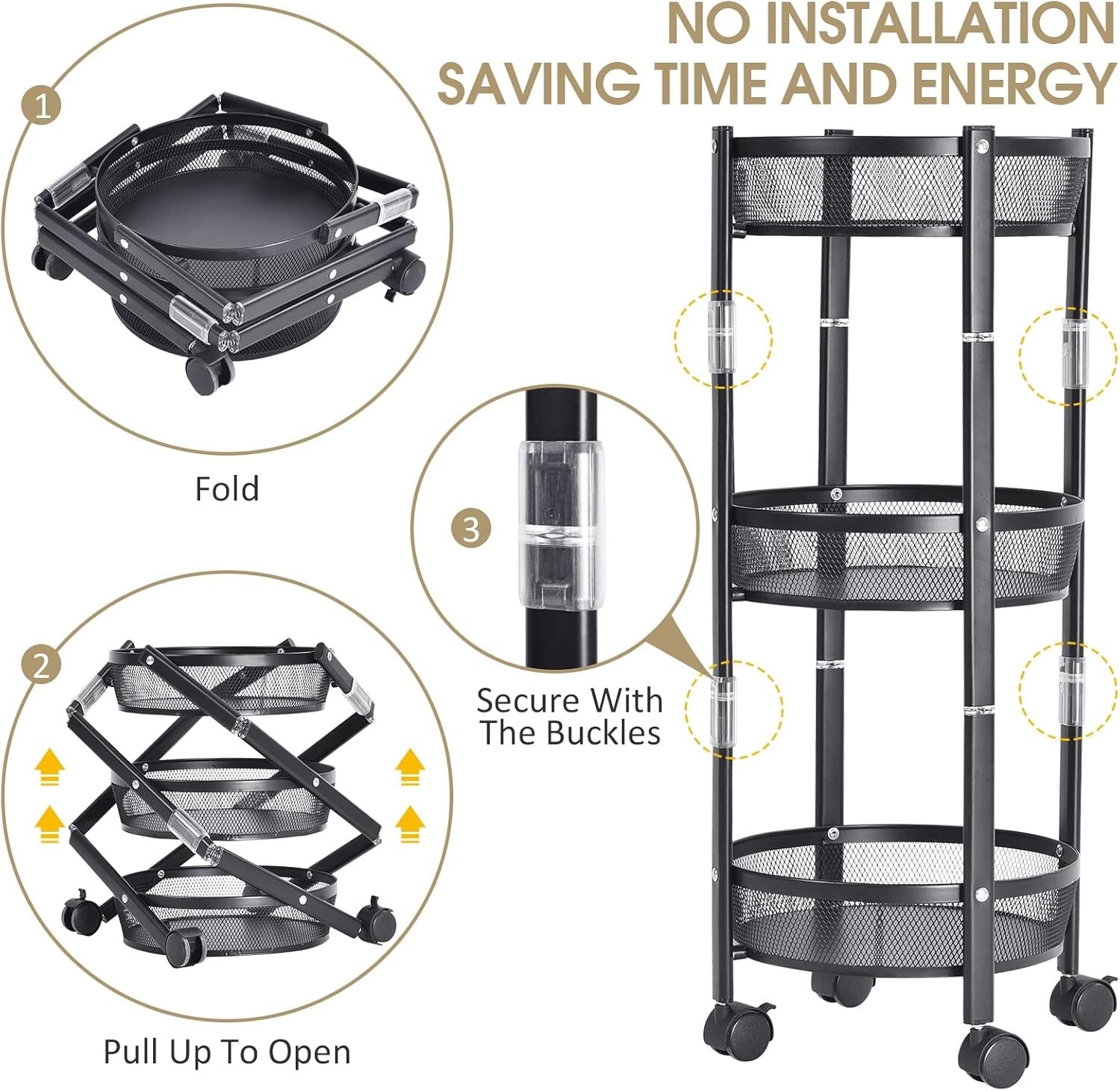 3 Tier Foldable Rolling Storage Cart Metal Trolley Lockable Wheels