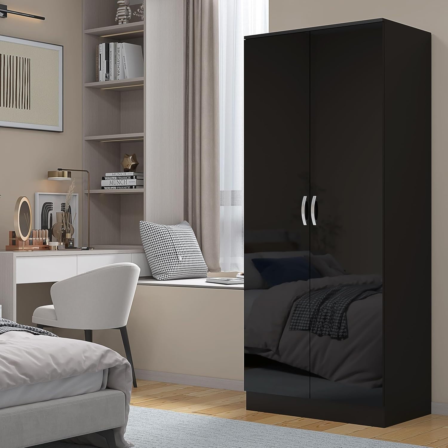 High Gloss 2 Door Wardrobe Slim Storage with Shelf & Hanging Rail 180cm