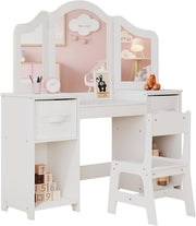 Kids Vanity Table & Chair Set w/ Mirror & Storage – White Makeup Desk for Girls