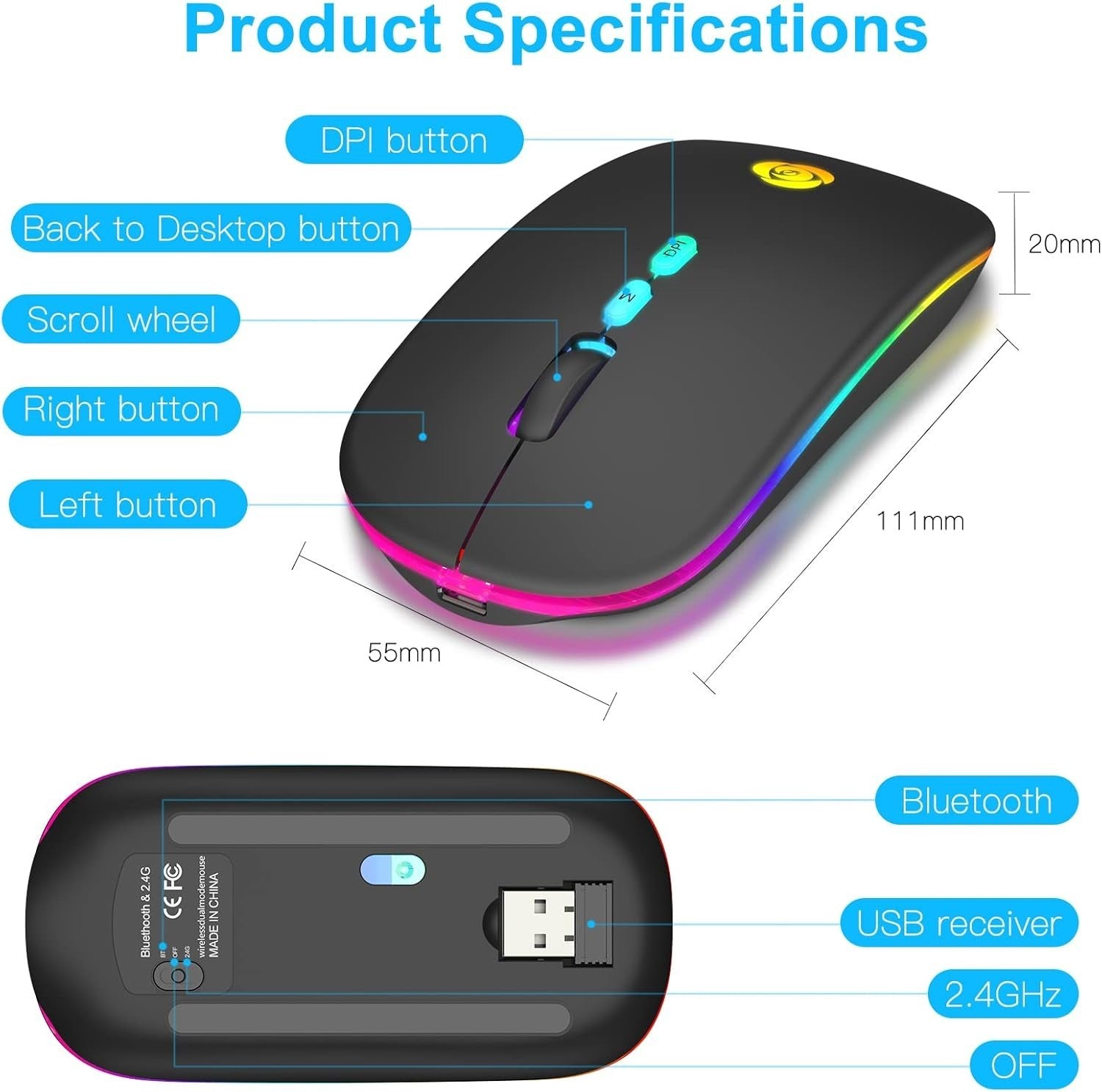 Wireless Bluetooth Mouse Rechargeable Silent RGB Type-C Black