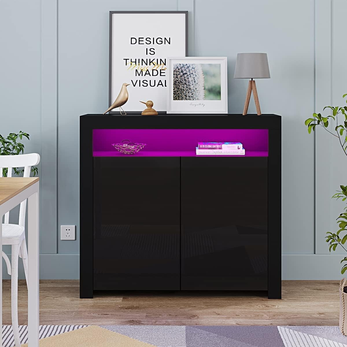 High Gloss Black Storage Sideboard with LED Lights | Modern Living Room Cupboard