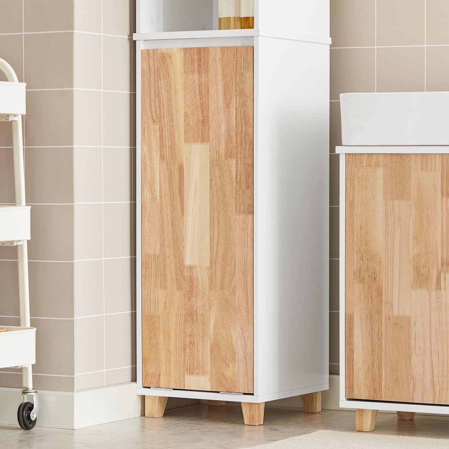 Tall Bathroom Storage Cabinet with Fold-Out Laundry Basket White 31×32×170cm