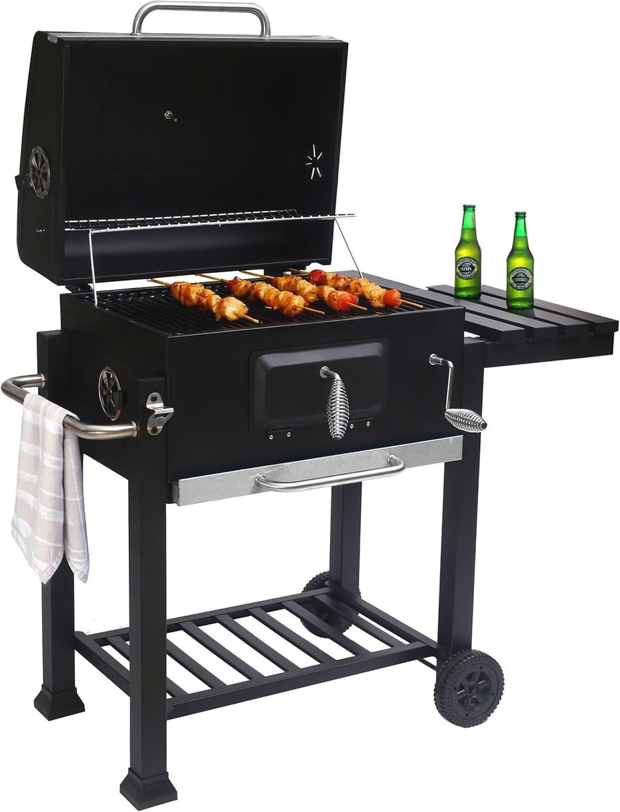 Portable Charcoal Smoker BBQ Grill | Adjustable Tray | Built-In Thermometer