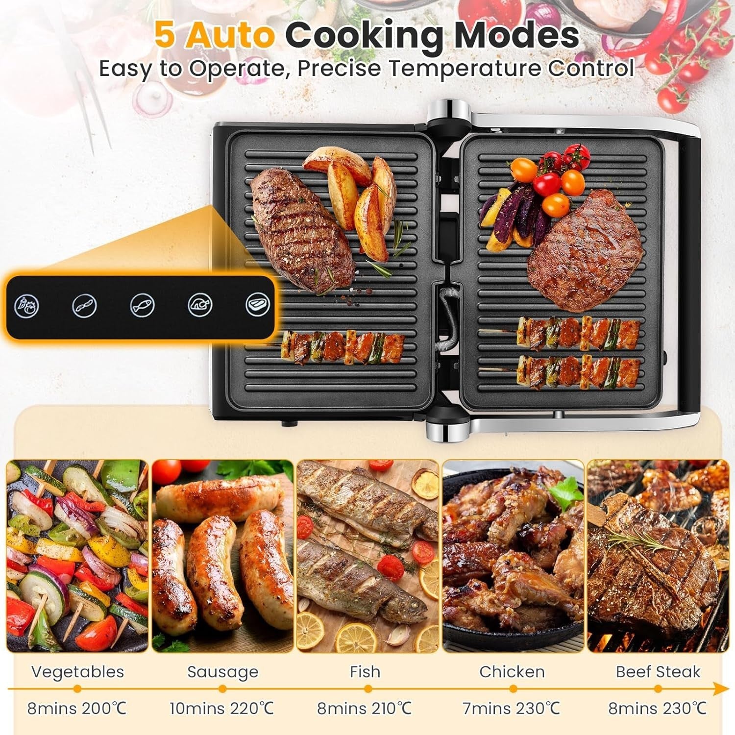 3-in-1 Panini Press Grill LED Touch Non-Stick Glass Top Adjustable