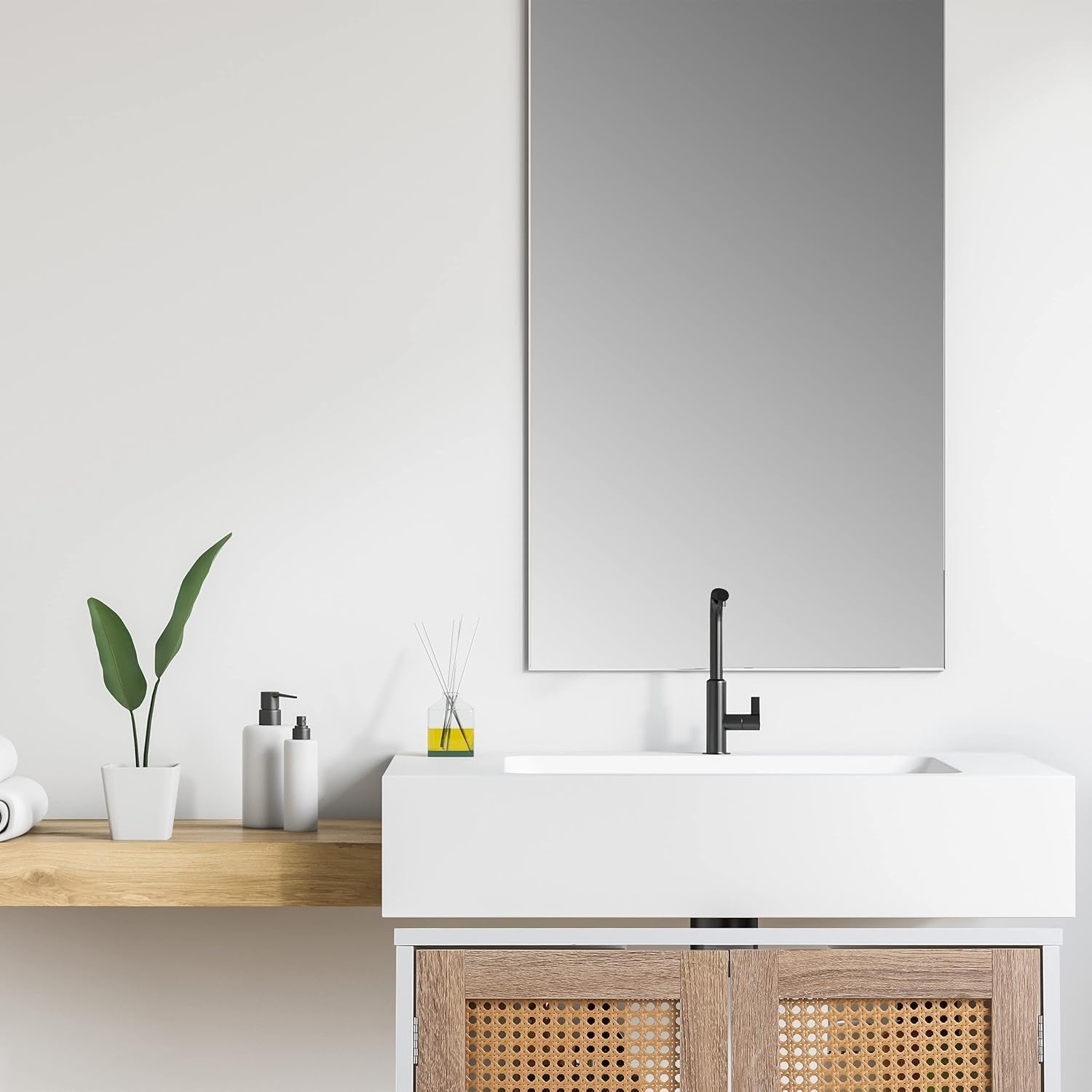 Modern Rattan Bathroom Vanity Unit White 2 Door Floor Standing Sink Cabinet