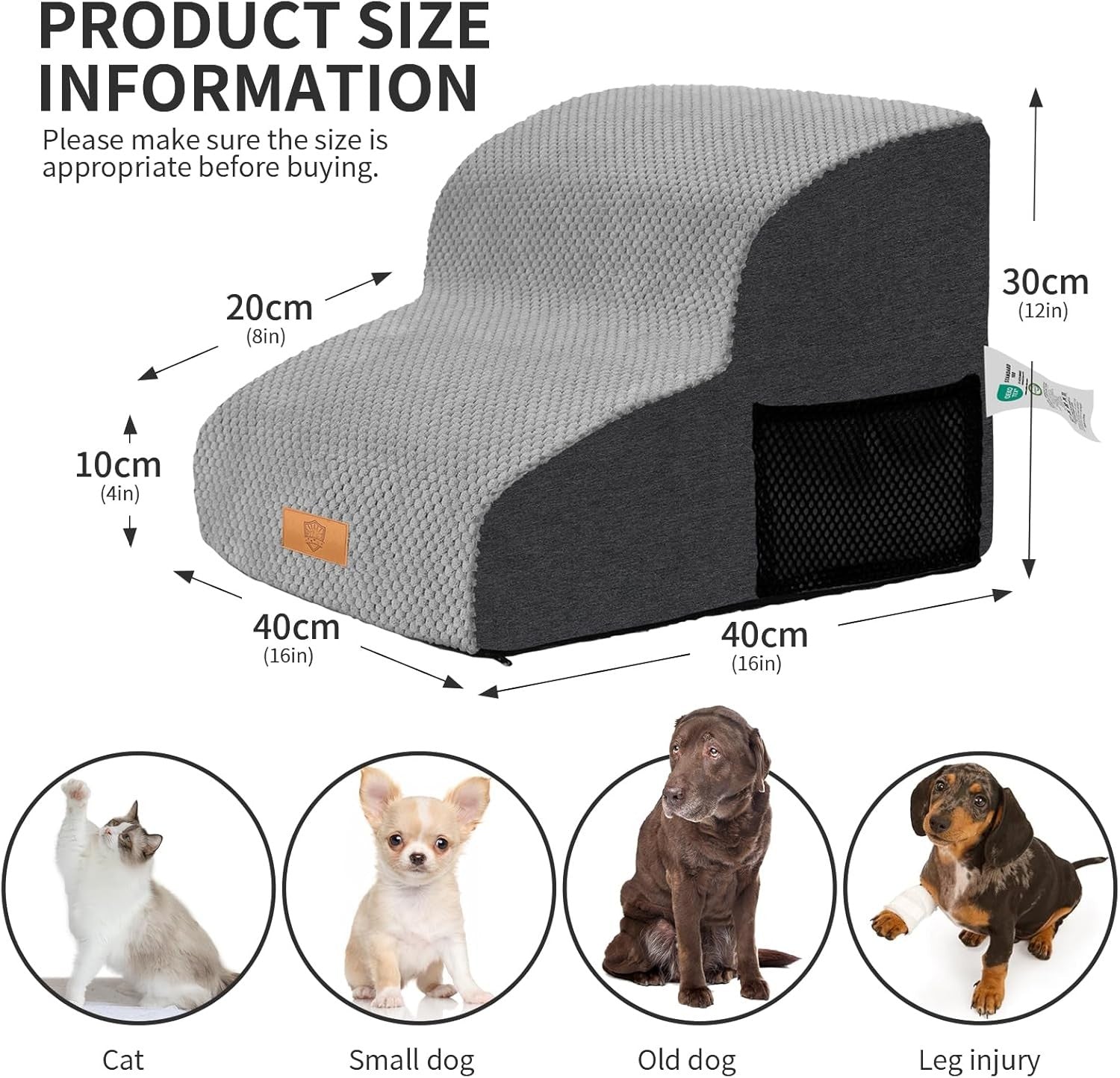Grey 2 Step Dog Stairs 30D Foam Non Slip Ramp 40x30x40cm