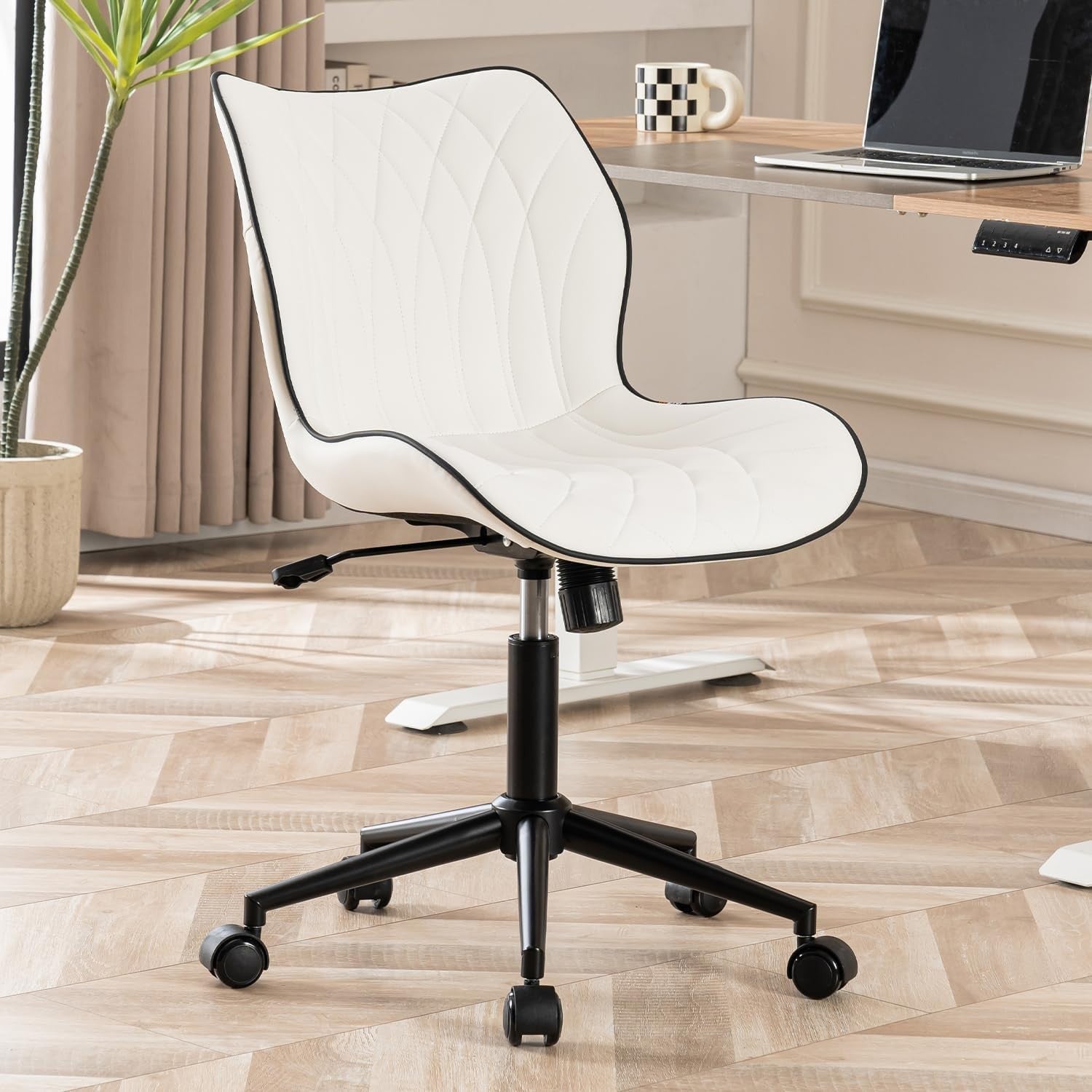 White Faux Leather Swivel Desk Chair Ergonomic Home Office Vanity Rocking Armles